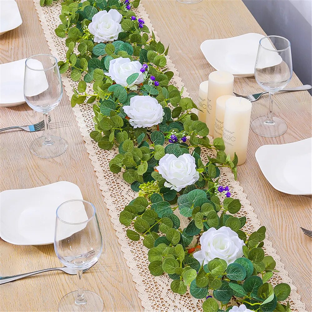 Guirlande de fleurs artificielles de 200cm en Soie - Roses, gypsophile, feuillage d'eucalyptus - Décoration suspendue pour mariage, jardin, maison, et fêtes