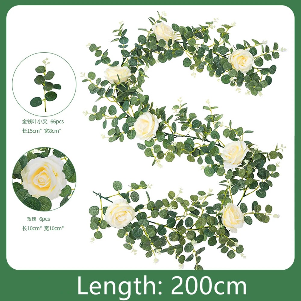 Guirlande de fleurs artificielles de 200cm en Soie - Roses, gypsophile, feuillage d'eucalyptus - Décoration suspendue pour mariage, jardin, maison, et fêtes