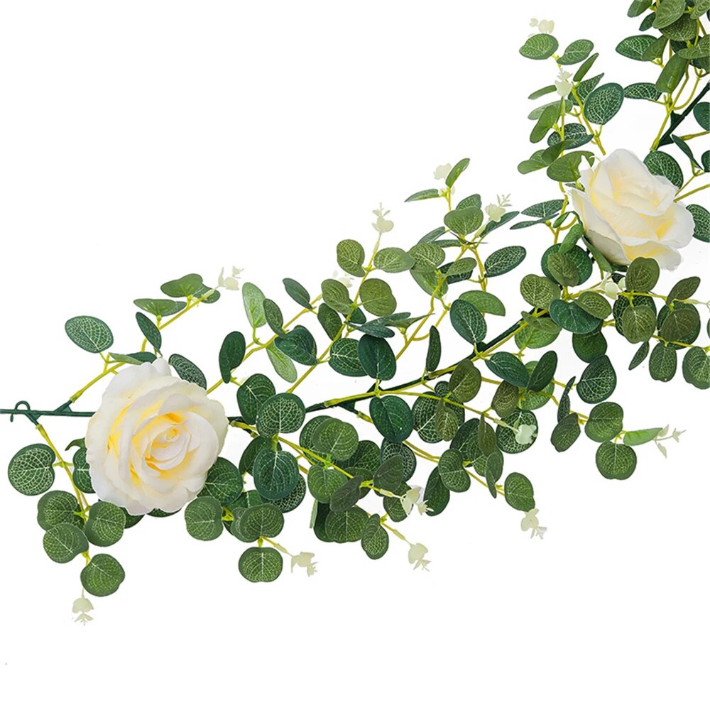 Guirlande de fleurs artificielles de 200cm en Soie - Roses, gypsophile, feuillage d'eucalyptus - Décoration suspendue pour mariage, jardin, maison, et fêtes