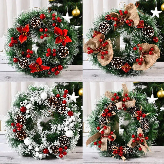 Couronne de Noël artificielle avec flocons de neige - Décoration murale, pour porte d'entrée, cercle en osier, poupée de noël, décoration de fête