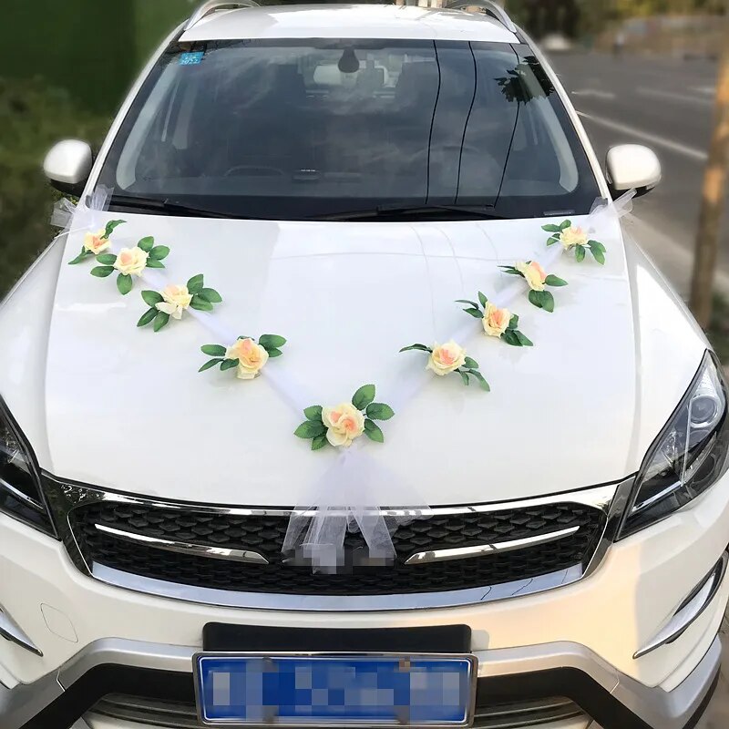 Fleurs artificielles en rose pour décoration de voiture de mariage - Fleurs de mariée simulées, décoration de poignée de porte de voiture de mariage en ruban de soie avec fleurs