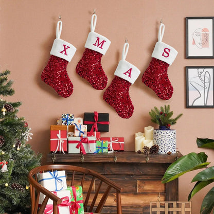 Chaussettes de Noël Paillettes rouges Alphabet Lettres