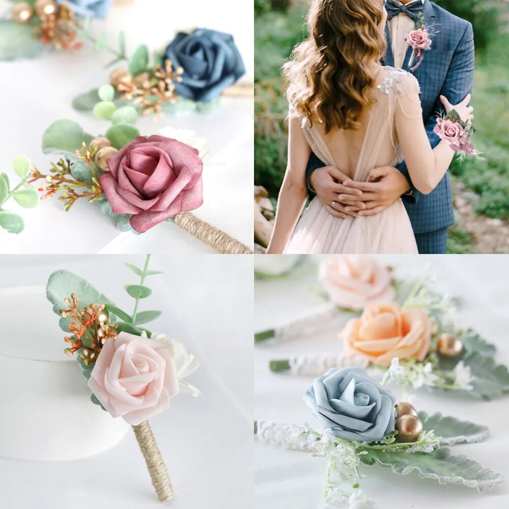 Corsage de rose artificielle - Fleur rose et bleue pour décoration de mariage, corsage de rose avec épingle pour décoration de mariage, bal de promo ou costume d'invités