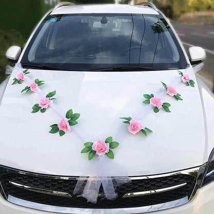 Fleurs artificielles en rose pour décoration de voiture de mariage - Fleurs de mariée simulées, décoration de poignée de porte de voiture de mariage en ruban de soie avec fleurs