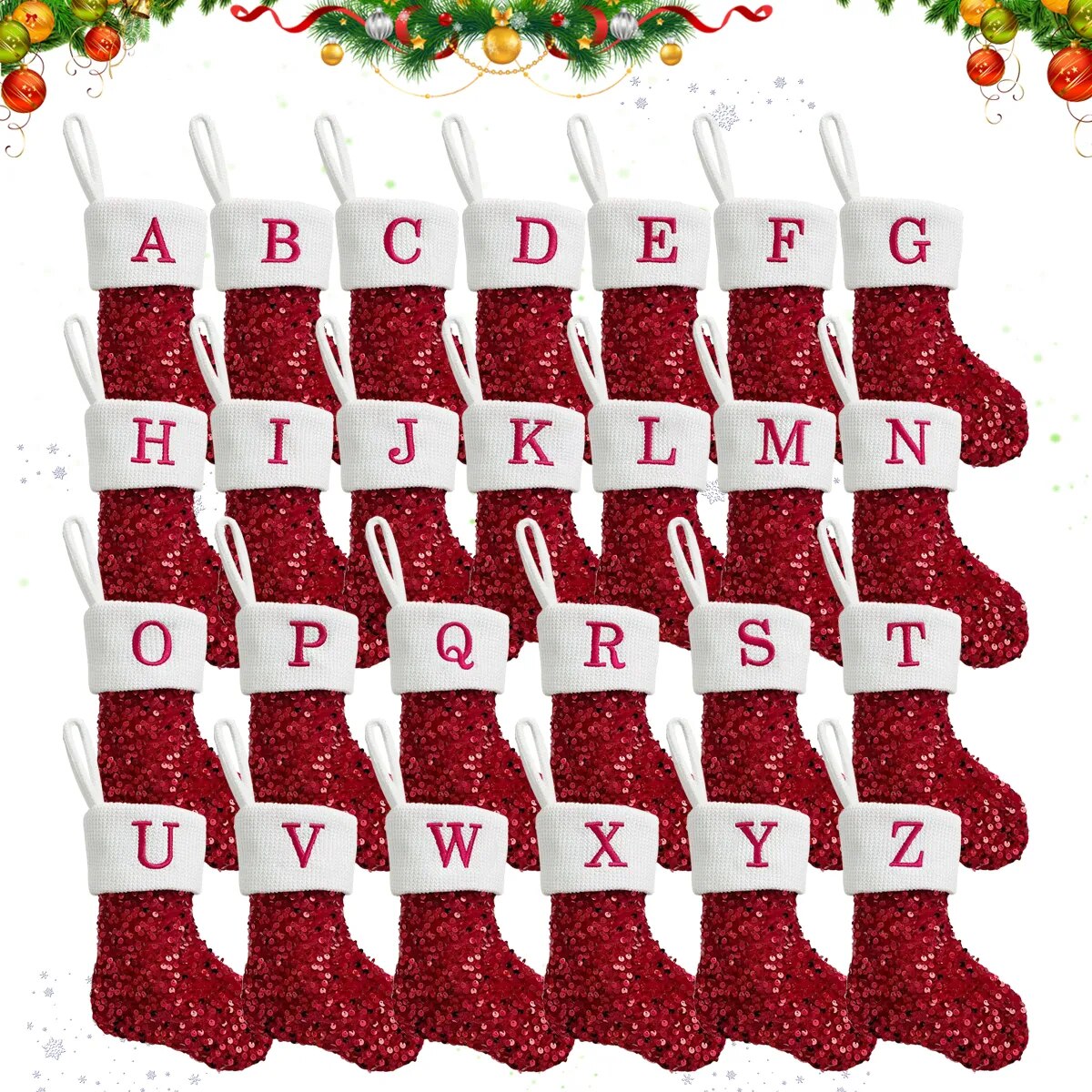 Chaussettes de Noël Paillettes rouges Alphabet Lettres