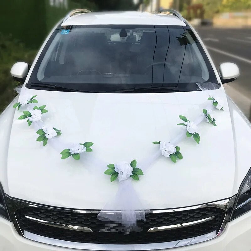 Fleurs artificielles en rose pour décoration de voiture de mariage - Fleurs de mariée simulées, décoration de poignée de porte de voiture de mariage en ruban de soie avec fleurs