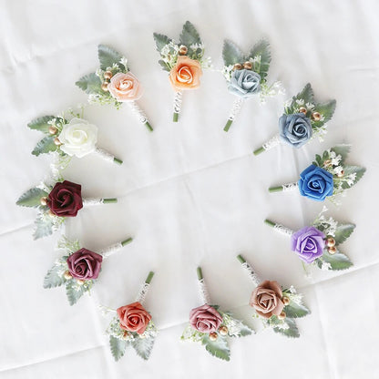 Corsage de rose artificielle - Fleur rose et bleue pour décoration de mariage, corsage de rose avec épingle pour décoration de mariage, bal de promo ou costume d'invités