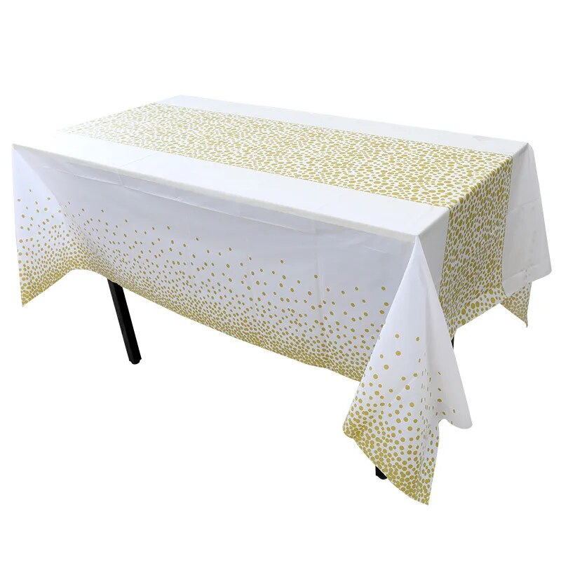 Nappe Rectangulaire 137x274cm pour décoration de table de fête, mariage, blanc avec motifs dorés, étanche et jetable