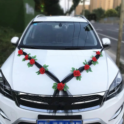 Fleurs artificielles en rose pour décoration de voiture de mariage - Fleurs de mariée simulées, décoration de poignée de porte de voiture de mariage en ruban de soie avec fleurs