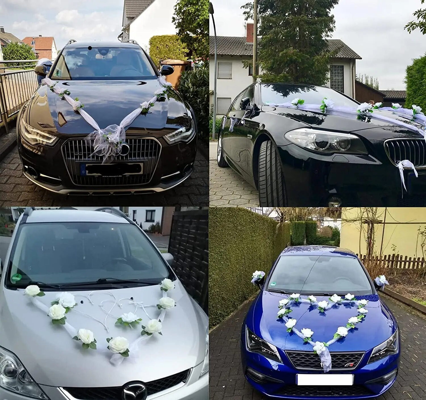 Fleurs artificielles en rose pour décoration de voiture de mariage - Fleurs de mariée simulées, décoration de poignée de porte de voiture de mariage en ruban de soie avec fleurs