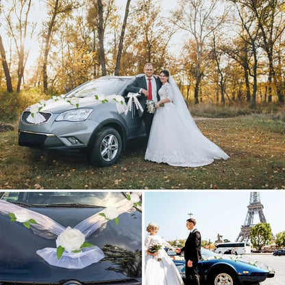 Fleurs artificielles en rose pour décoration de voiture de mariage - Fleurs de mariée simulées, décoration de poignée de porte de voiture de mariage en ruban de soie avec fleurs