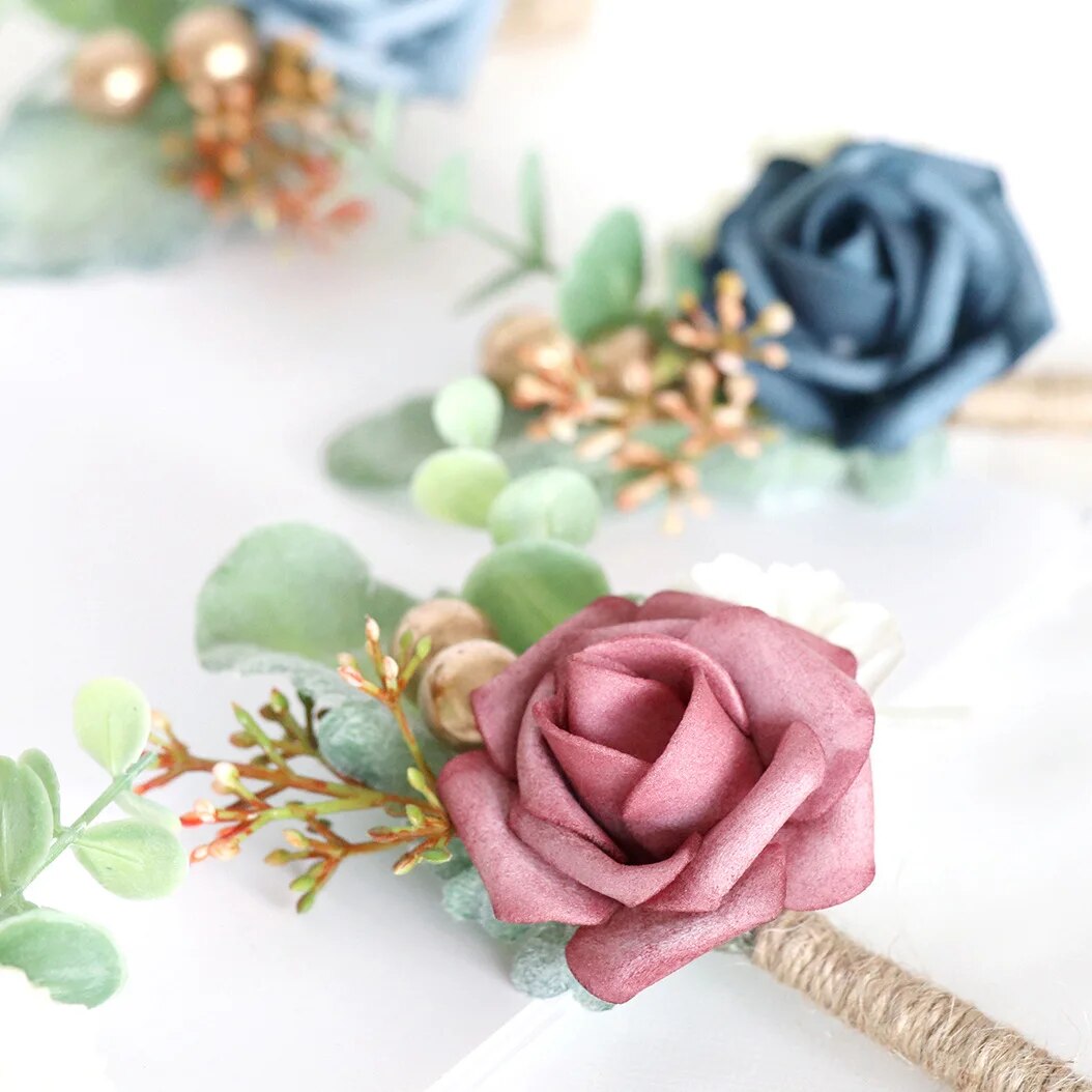 Corsage de rose artificielle - Fleur rose et bleue pour décoration de mariage, corsage de rose avec épingle pour décoration de mariage, bal de promo ou costume d'invités